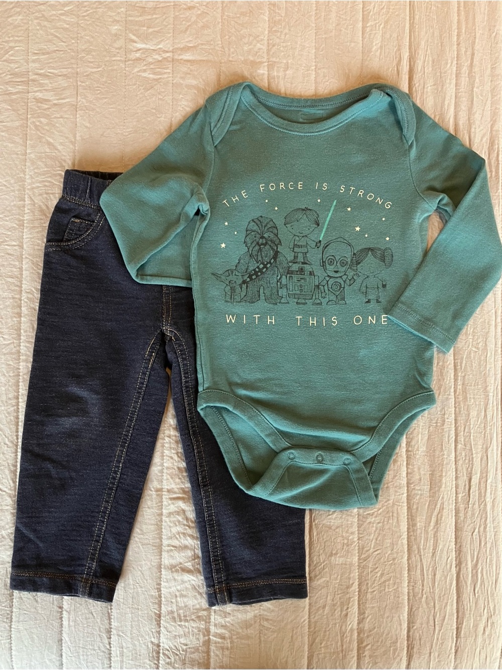 Baby GAP “The Force is Strong With this One” Star Wars Onesie + bonus jeans.